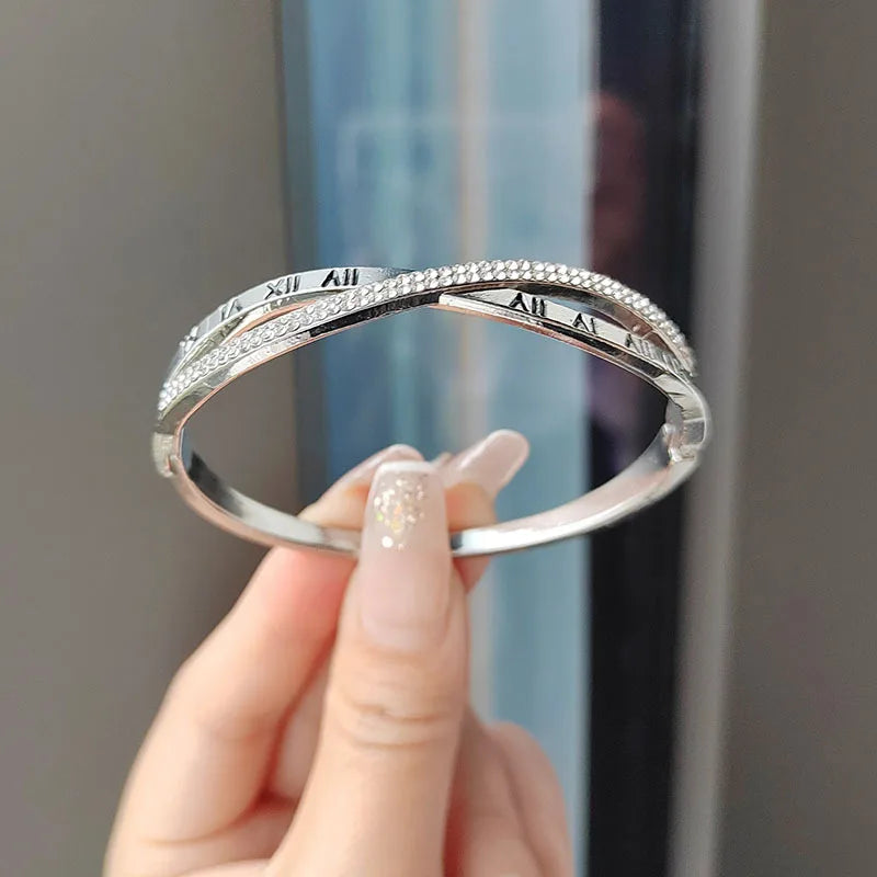 Classic Cross Roman Numeral Bracelet For Women Fashion Stainless Steel Rhinestone Bracelet Casual Party Luxury Jewelry Lady Gift