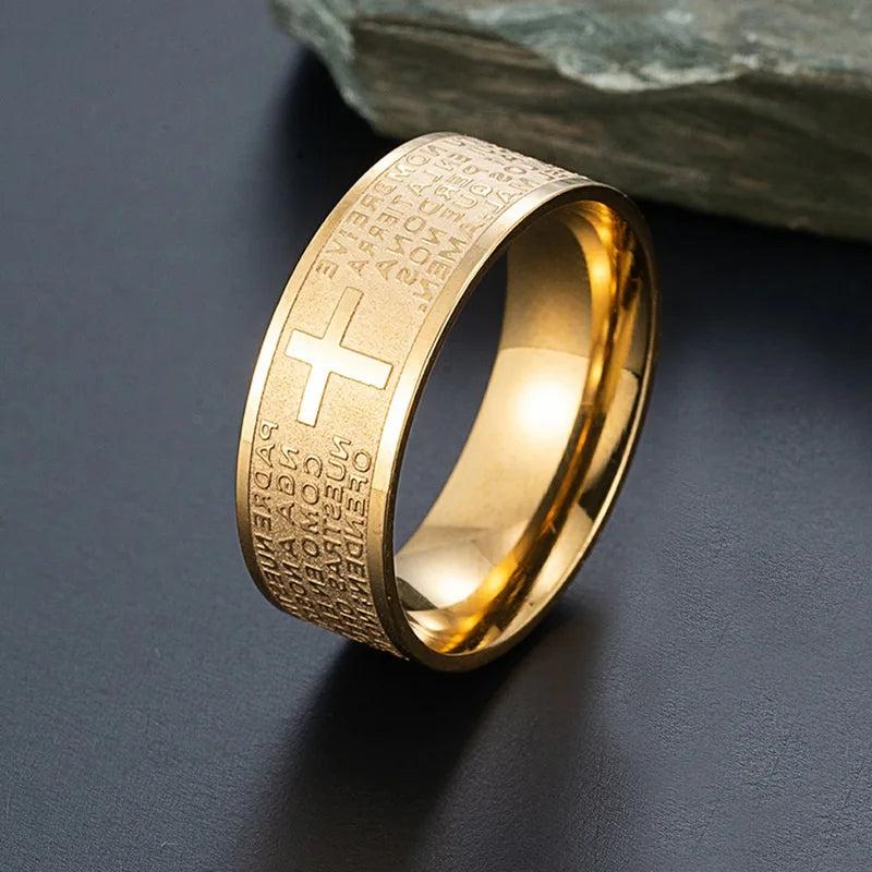 7mm Tone Spanish Golden The Holy Bible Prayer Cross Ring Stainless Steel Rings Wholesale