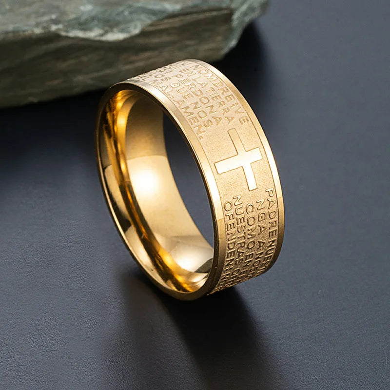 7mm Tone Spanish Golden The Holy Bible Prayer Cross Ring Stainless Steel Rings Wholesale