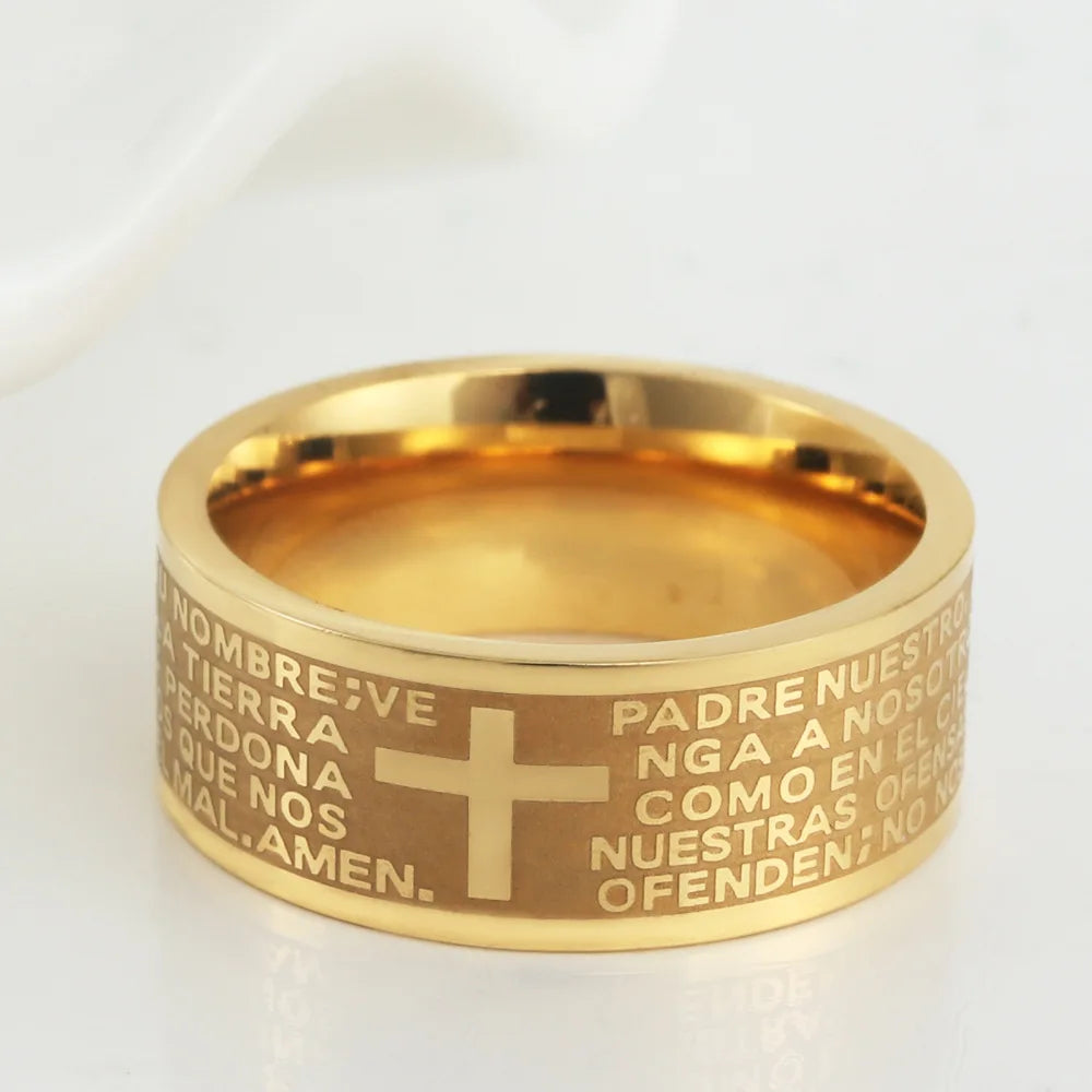 7mm Tone Spanish Golden The Holy Bible Prayer Cross Ring Stainless Steel Rings Wholesale