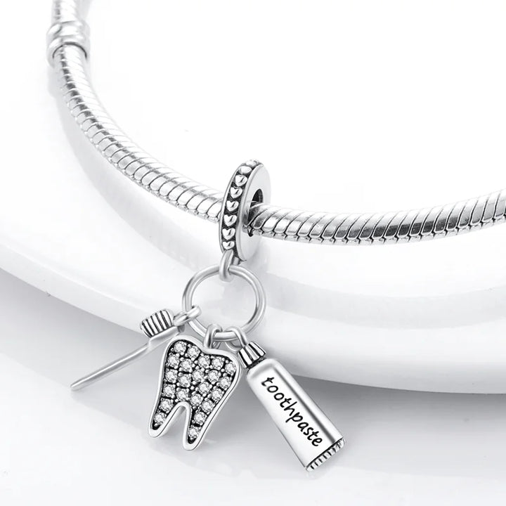 Sterling Silver CZ Dentist Tooth Charm Beads for Women