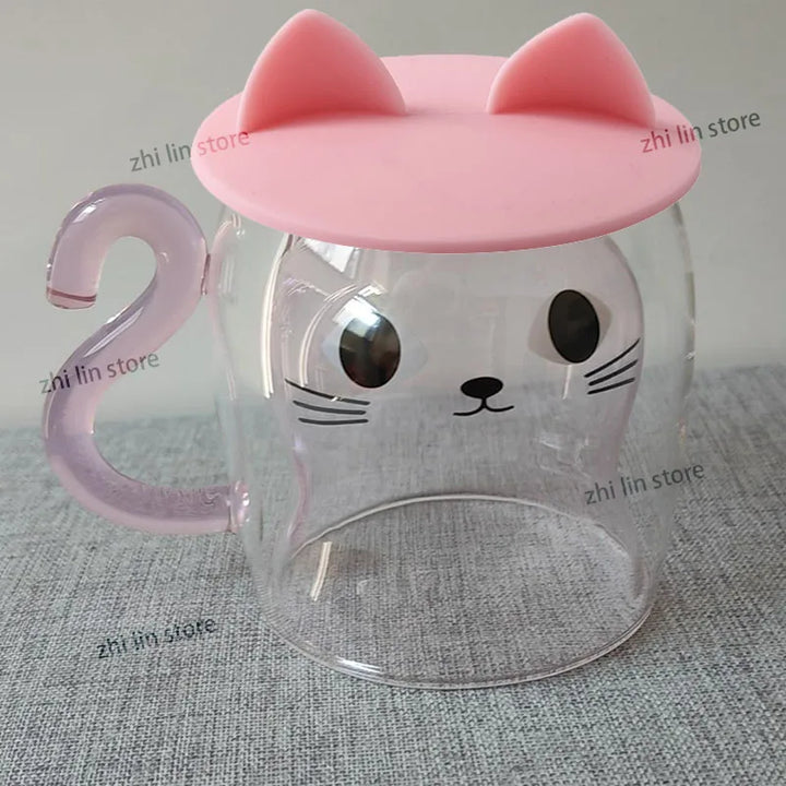 Double Walled Glass Mug with Lid for Women Cute Cat Mugs