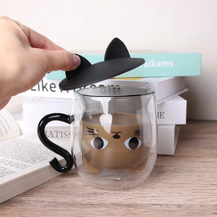 Double Walled Glass Mug with Lid for Women Cute Cat Mugs