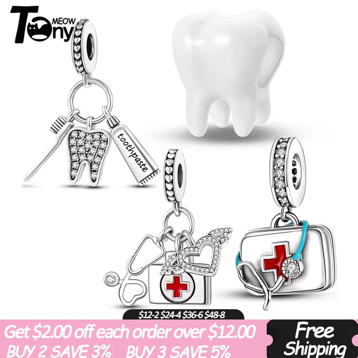 Sterling Silver CZ Dentist Tooth Charm Beads for Women