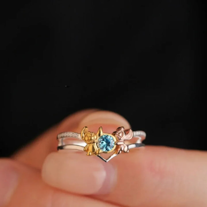 Lilo and Stitch Disney Cartoon Character Accessories Stitch Loves Angel Ring Kawaii Open Ring