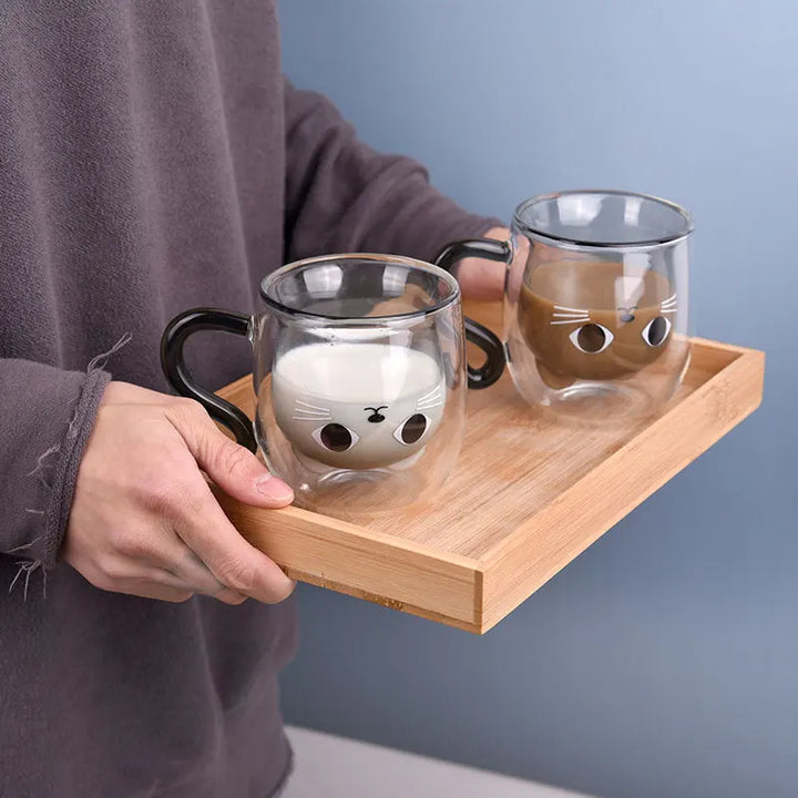 Double Walled Glass Mug with Lid for Women Cute Cat Mugs