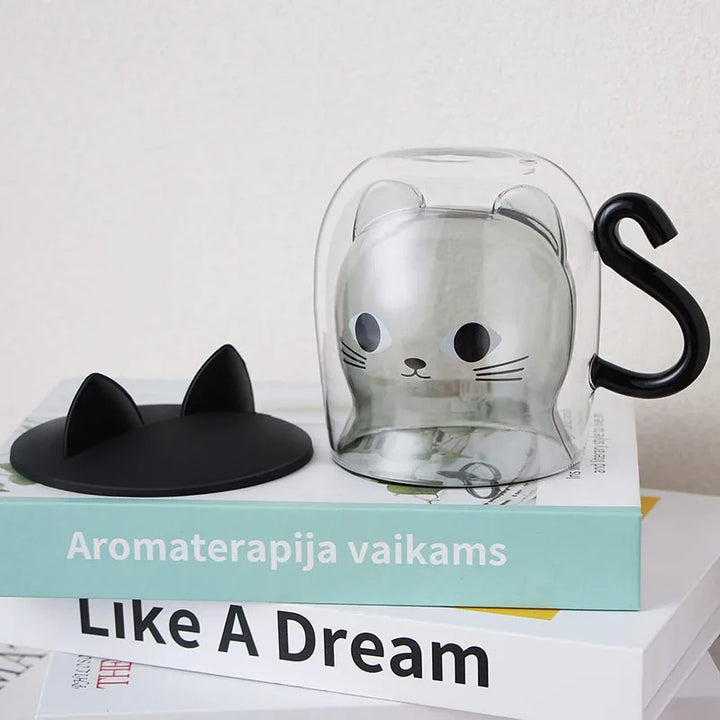 Double Walled Glass Mug with Lid for Women Cute Cat Mugs