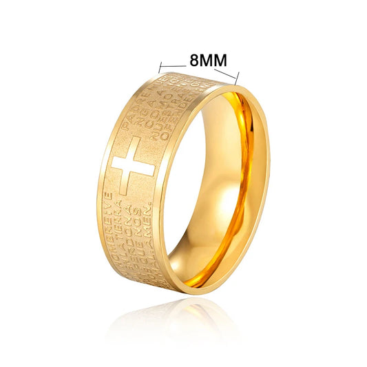 7mm Tone Spanish Golden The Holy Bible  Prayer Cross Ring Stainless Steel Rings Wholesale