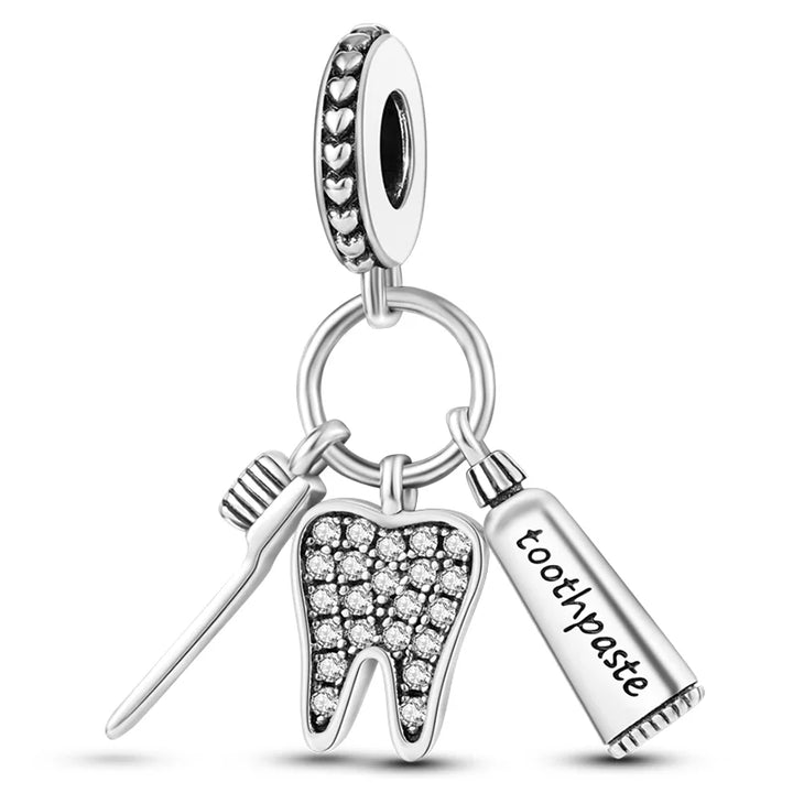 Sterling Silver CZ Dentist Tooth Charm Beads for Women