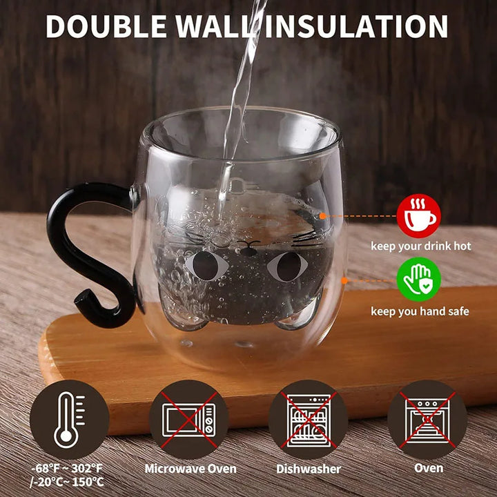 Double Walled Glass Mug with Lid for Women Cute Cat Mugs