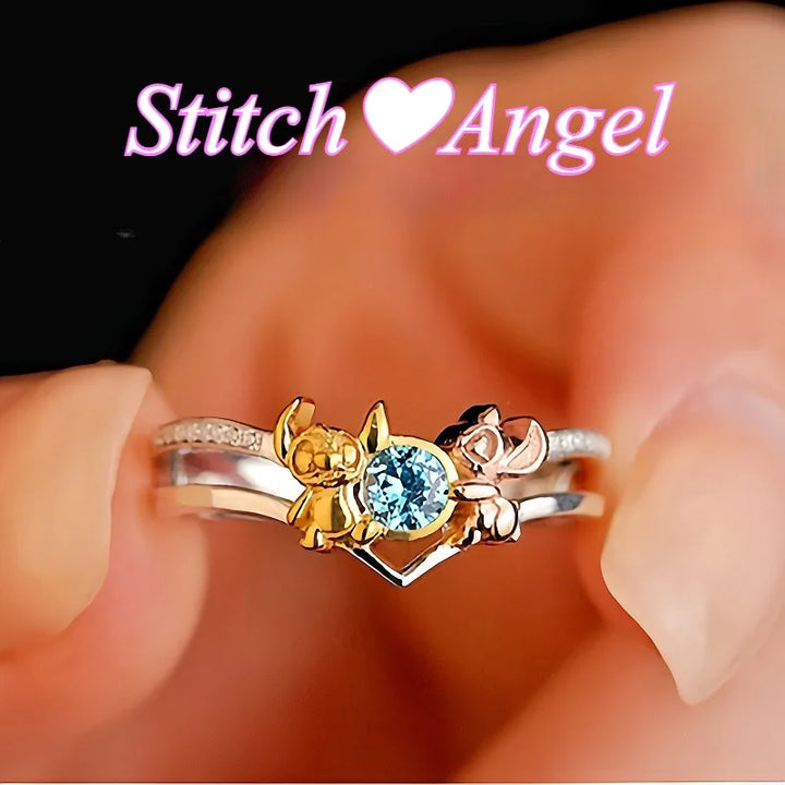 Lilo and Stitch Disney Cartoon Character Accessories Stitch Loves Angel Ring Kawaii Open Ring