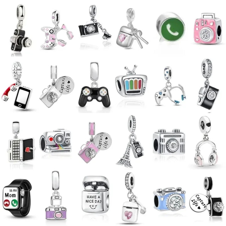 Silver Camera Phone Headset Charm Pendant