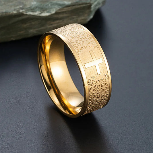 7mm Tone Spanish Golden The Holy Bible  Prayer Cross Ring Stainless Steel Rings Wholesale