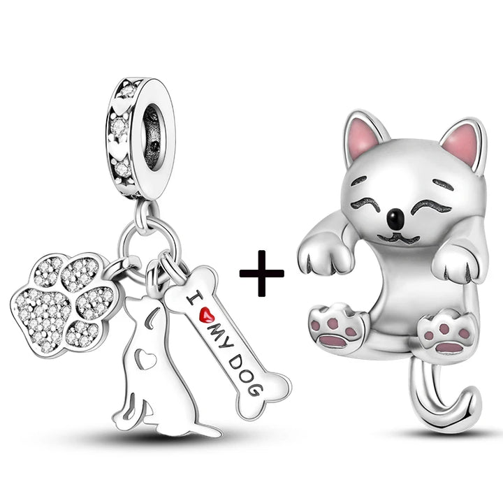 Silver Charms Dog Cat Pet Bead Pendant For Bracelet Diy Jewelry