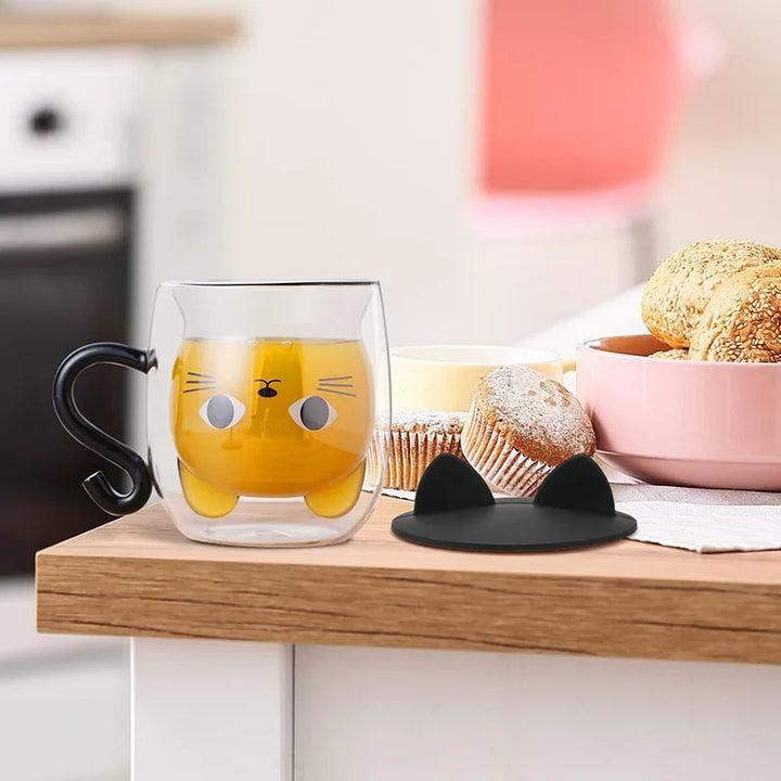 Double Walled Glass Mug with Lid for Women Cute Cat Mugs
