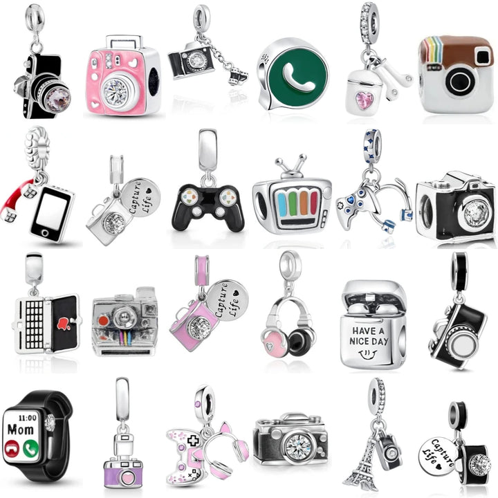 Silver Camera Phone Headset Charm Pendant